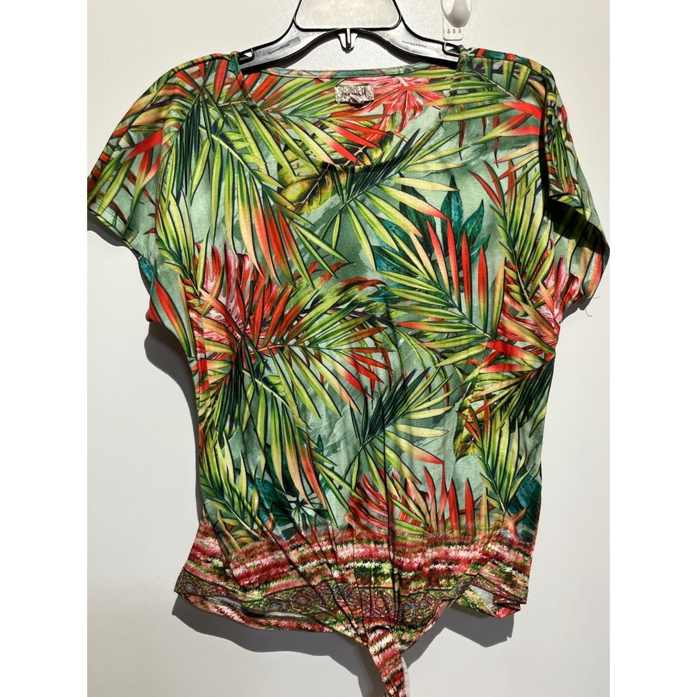 OneWorld Women PXL Green Tropical Leaf Print Tie Front Short Sleeve Top